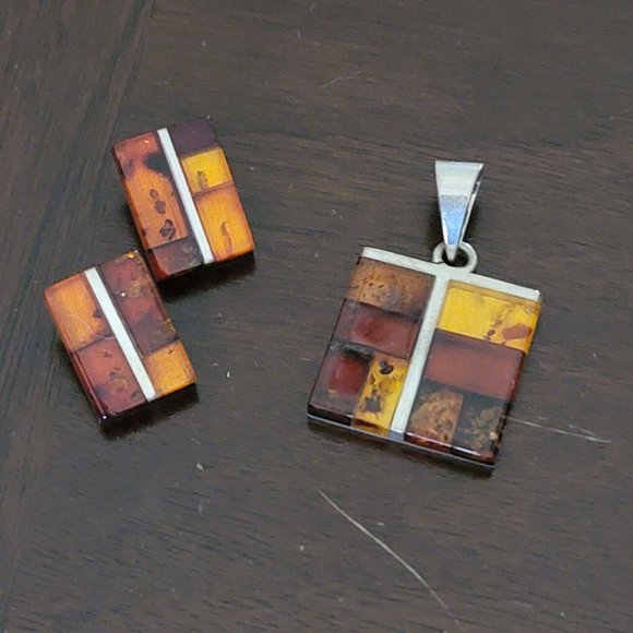 Vintage Sterling Silver Mosaic Amber Pendant and Clip on Earrings Set